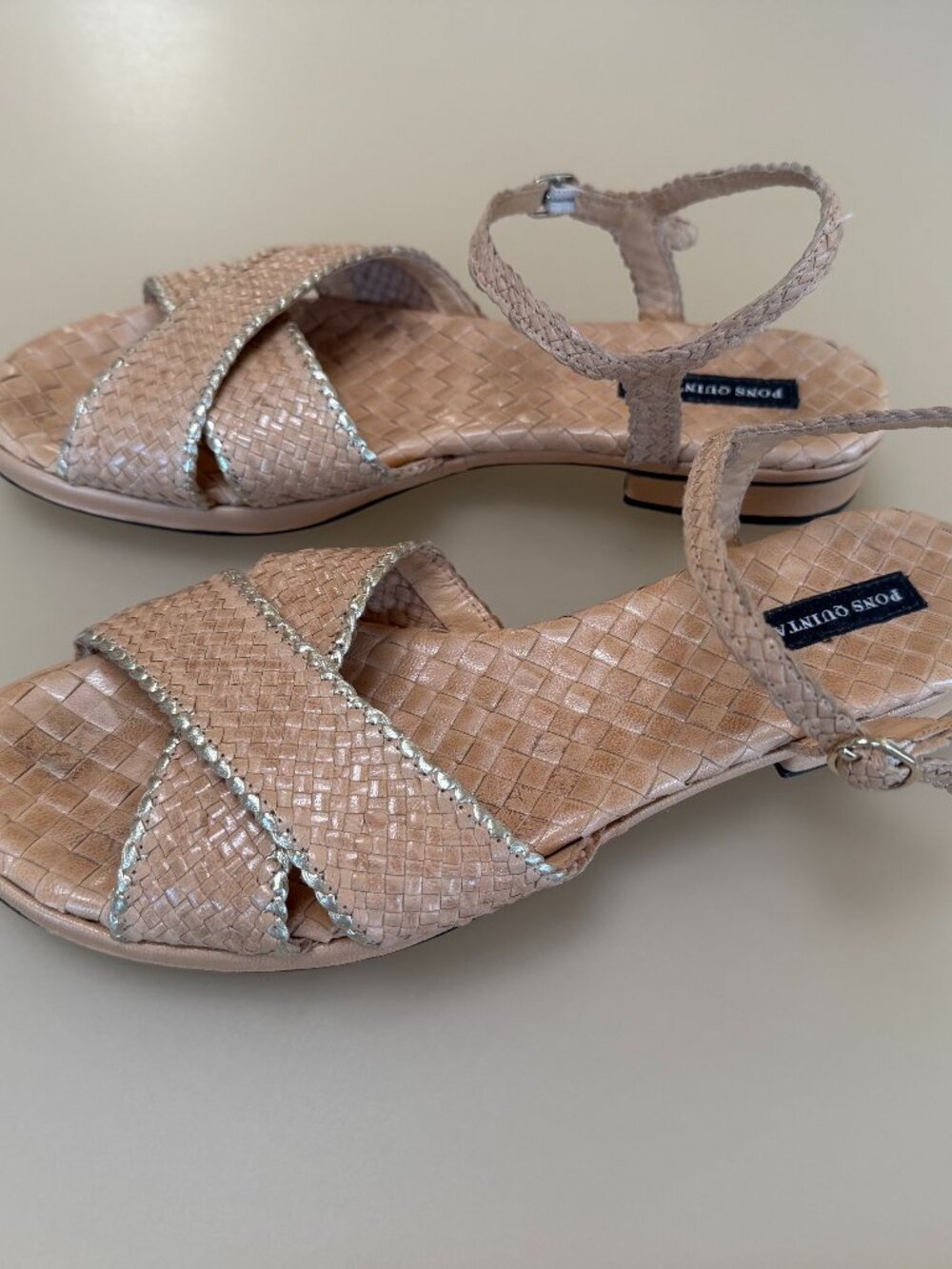 Pons Quintana Tan and Gold Woven Leather Strappy Flat Sandals Size 42